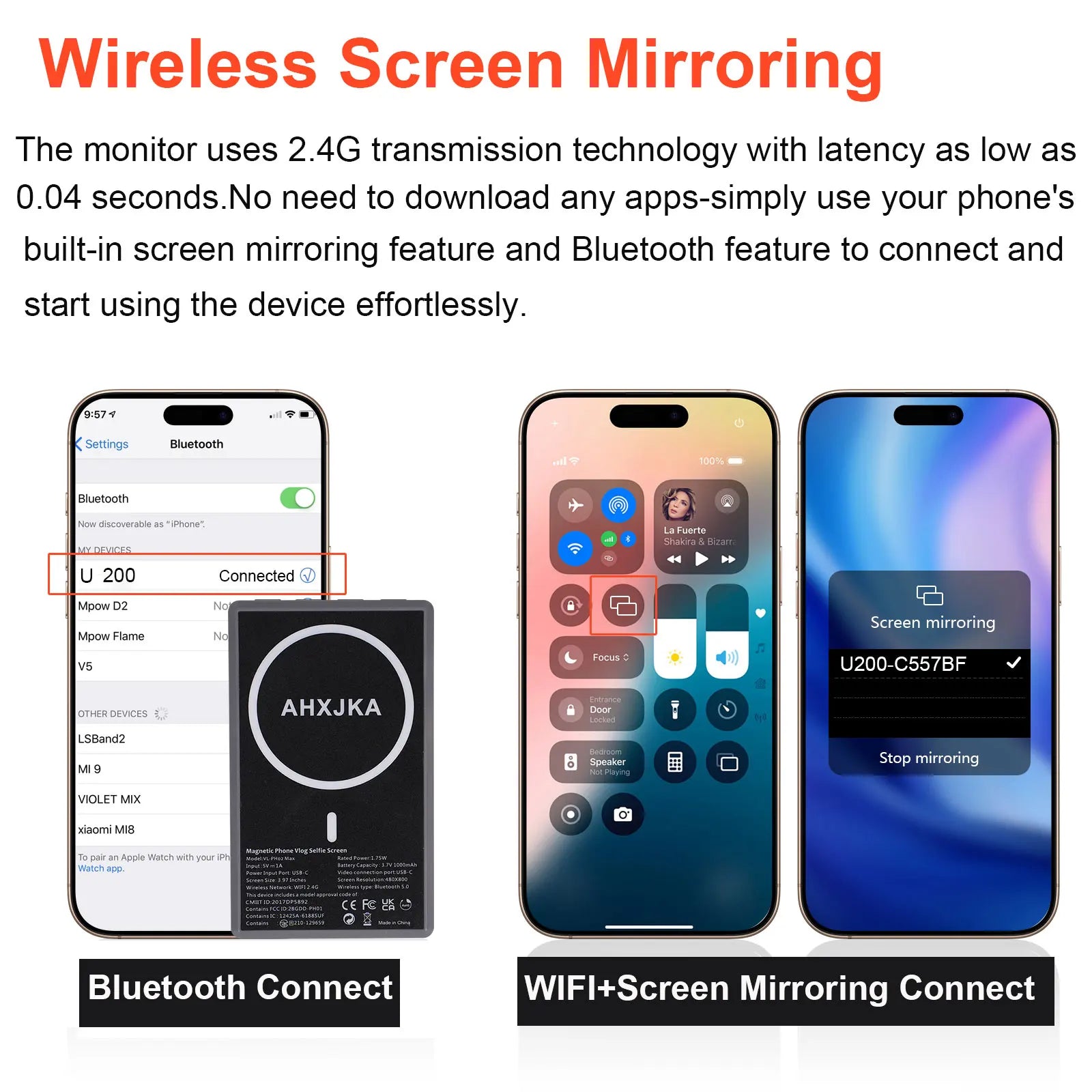 Magnetic Phone Vlog Selfie Monitor Screen Wireless Recording Using Phone Rear Camera for Selfie Vlog Live Stream Bluetooth