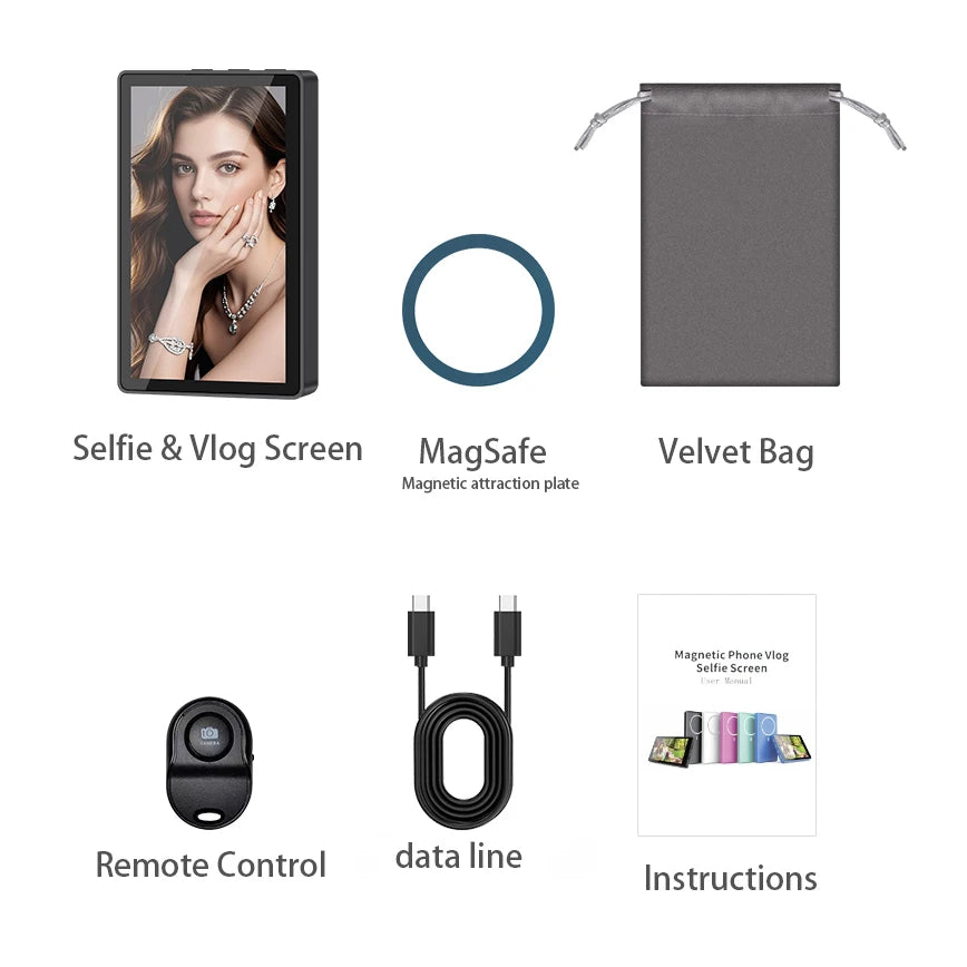 Magnetic Phone Vlog Selfie Monitor Screen Wireless Recording Using Phone Rear Camera for Selfie Vlog Live Stream Bluetooth